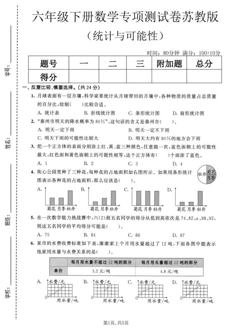六年级下数学统计与可能性专项测试卷《苏教版》-新时光资源网