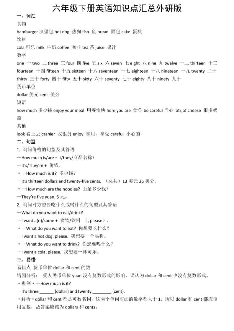 六年级下英语知识点汇总《外研版》-新时光资源网