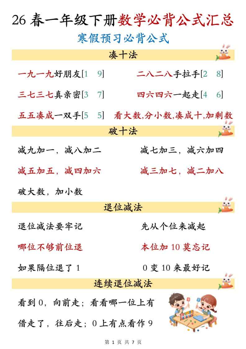 一年级下数学必背公式汇总-新时光资源网