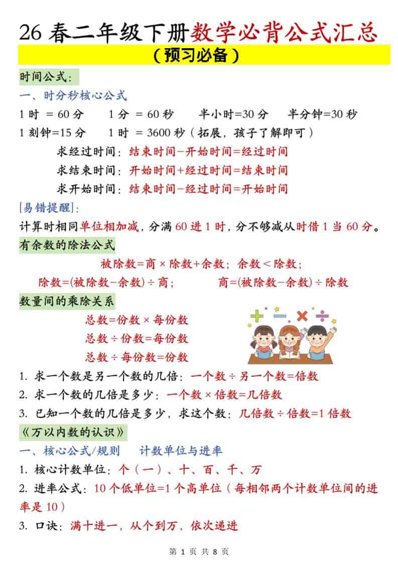 二年级下数学必背公式汇总《人教版》-新时光资源网