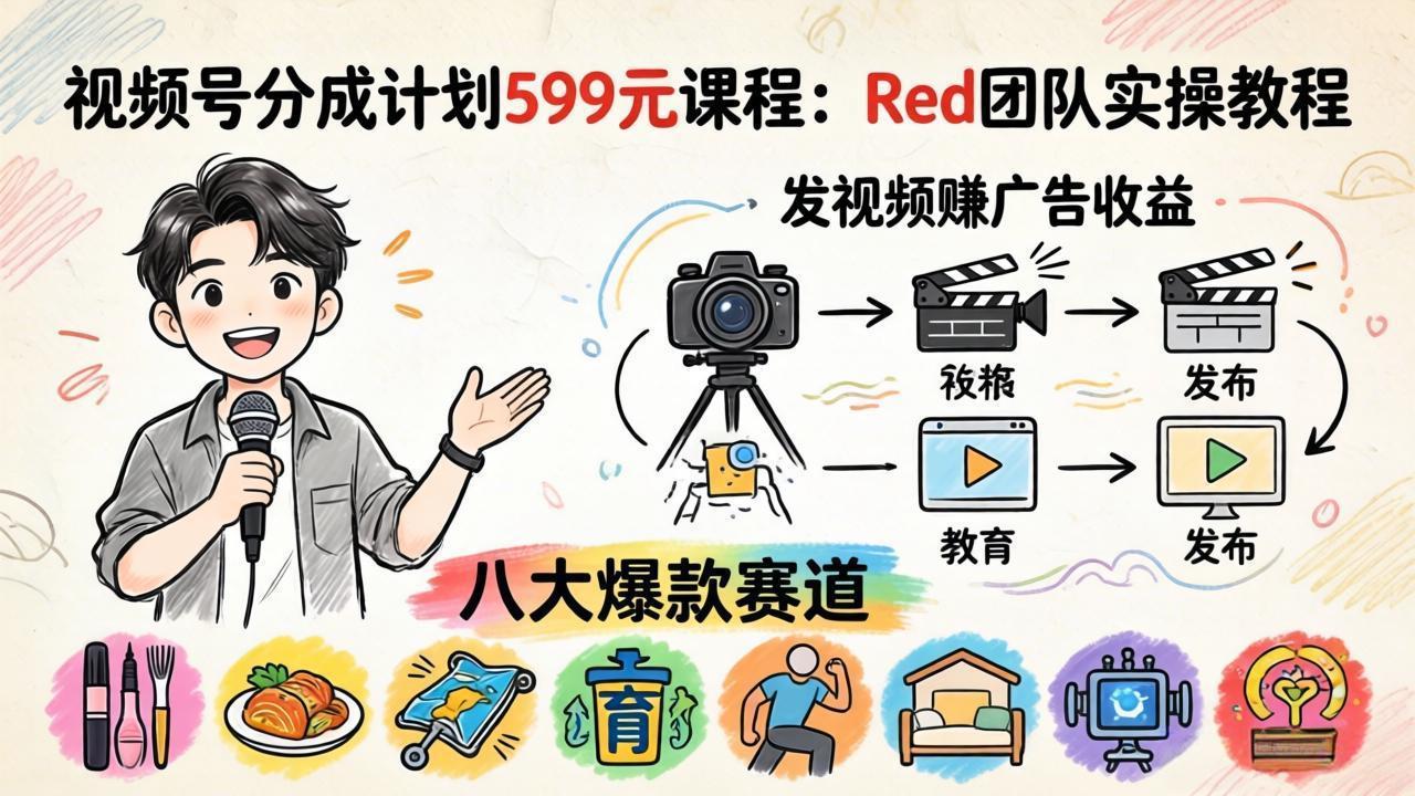 视频号分成计划599元课程：Red团队实操教程，发视频赚广告收益，八大爆款赛道全掌握-新时光资源网