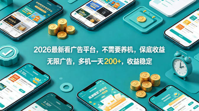 2026最新看广告平台，不需要养机，保底收益，无限广告，多机一天200+，收益稳定【揭秘】-新时光资源网