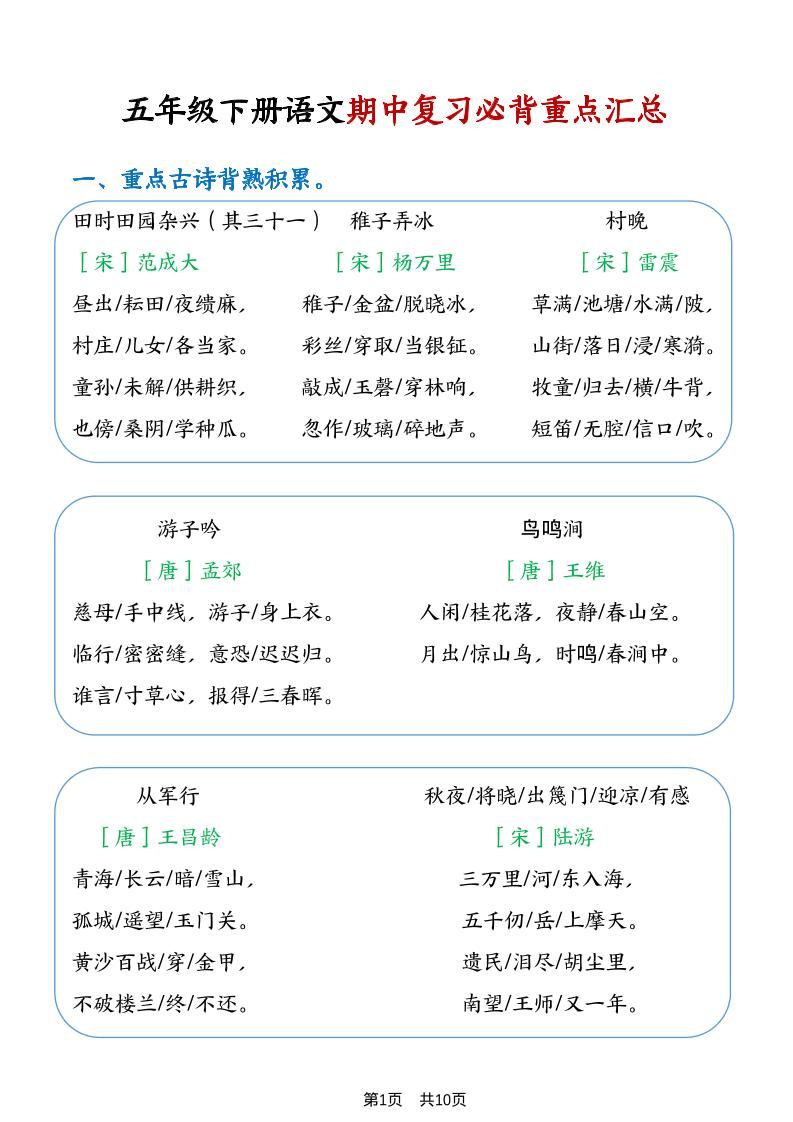 五年级下语文期中复习重点知识点汇总1-新时光资源网