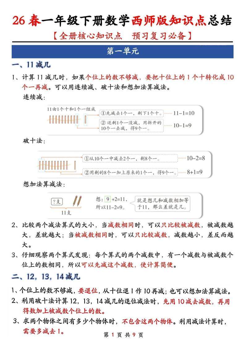 一年级下数学全册知识点总结《西师版》-新时光资源网