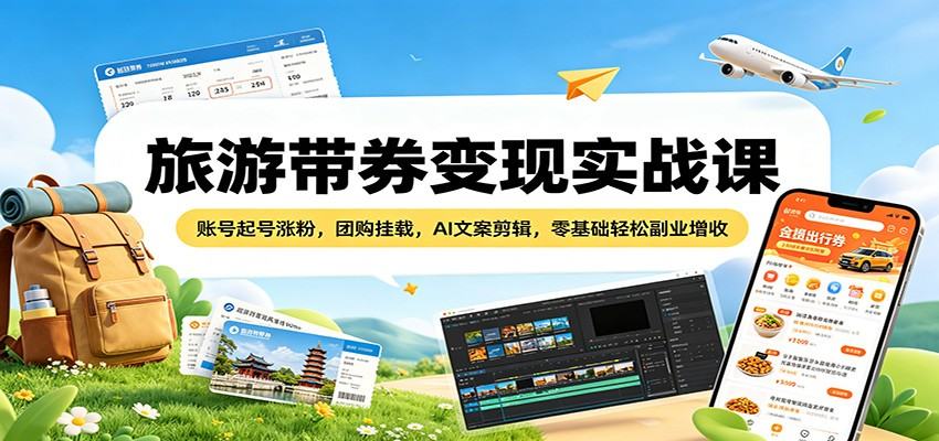 旅游带券变现实战课：账号起号涨粉，团购挂载，AI文案剪辑，零基础轻松副业增收-新时光资源网