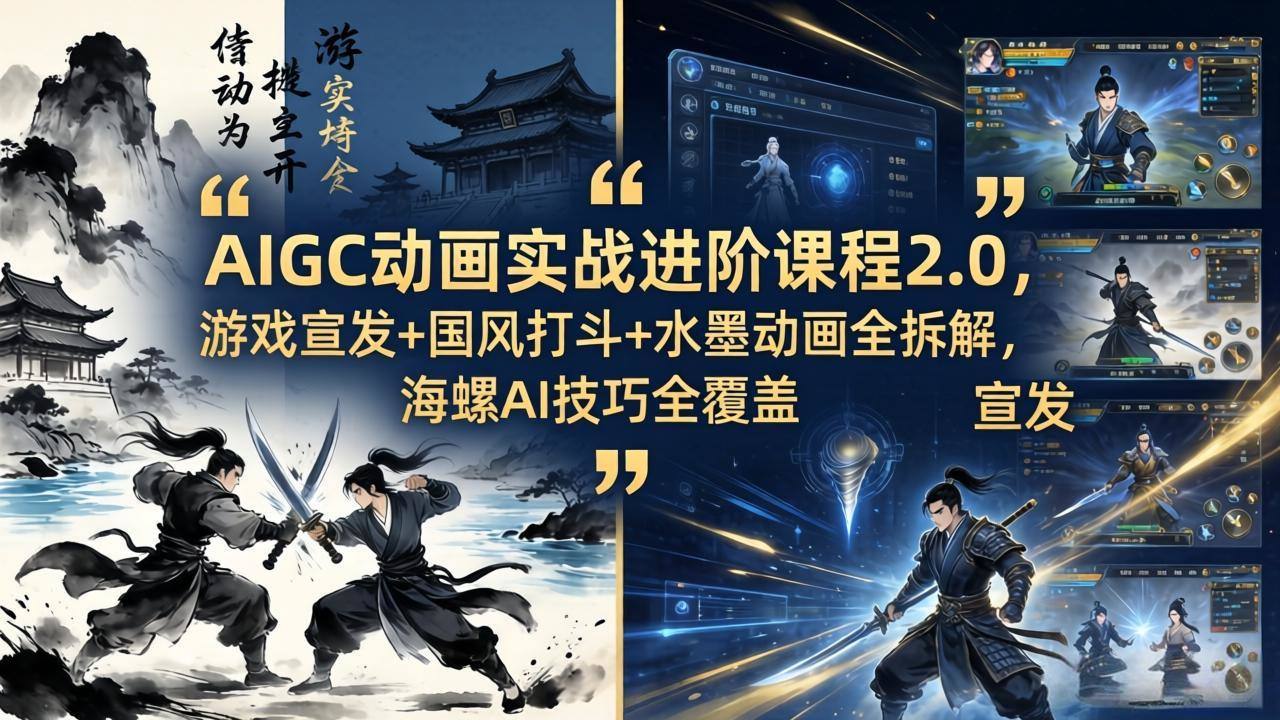 AIGC动画实战进阶课程2.0，游戏宣发+国风打斗+水墨动画全拆解，海螺AI技巧全覆盖-新时光资源网