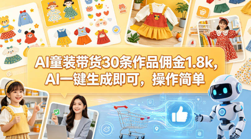 AI童装带货30条作品佣金1.8k，AI一键生成即可，操作简单-新时光资源网