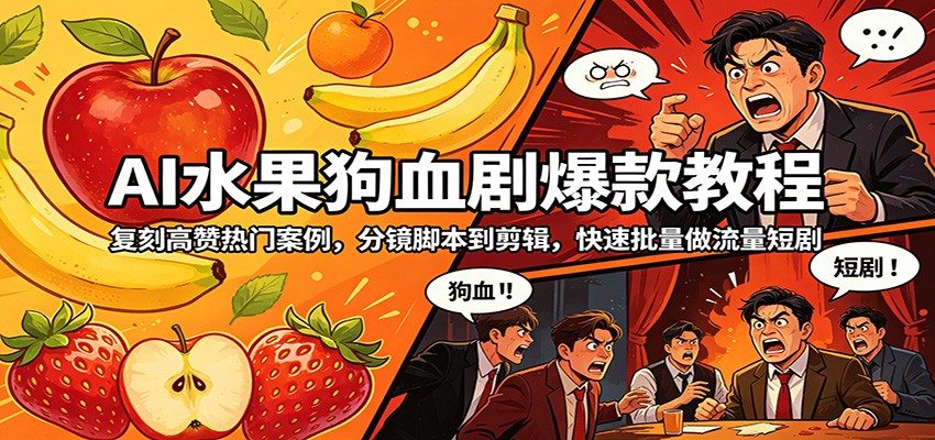 AI水果狗血剧爆款教程：复刻高赞热门案例，分镜脚本到剪辑，快速批量做流量短剧-新时光资源网