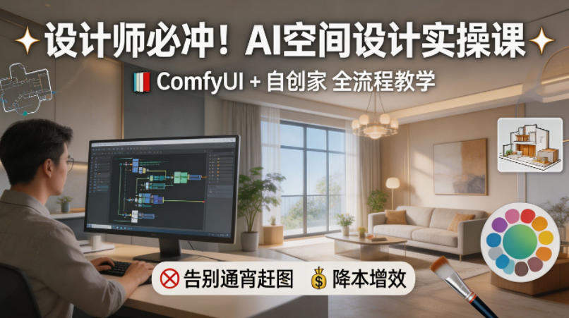 设计师必冲！AI空间设计实操课，ComfyUI+自创家全教学，告别通宵赶图，降本增效-新时光资源网