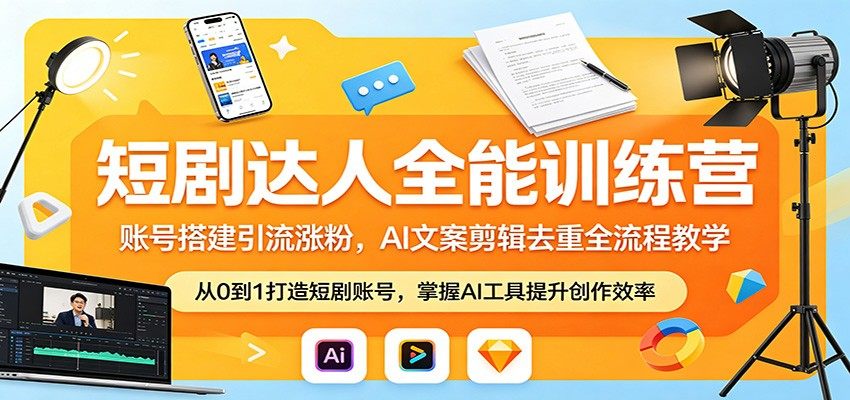 短剧达人全能训练营：账号搭建引流涨粉，AI 文案剪辑去重全流程教学-新时光资源网