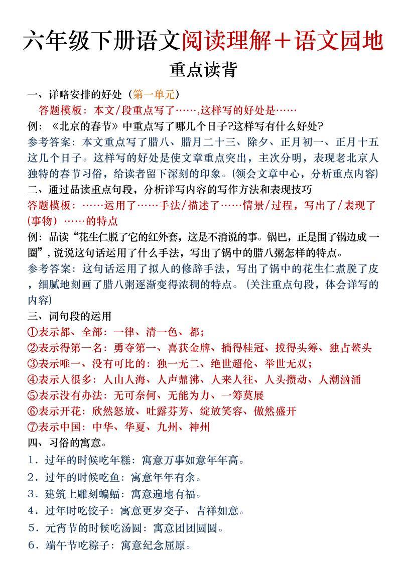 六年级下语文阅读理解＋语文园地专题-新时光资源网