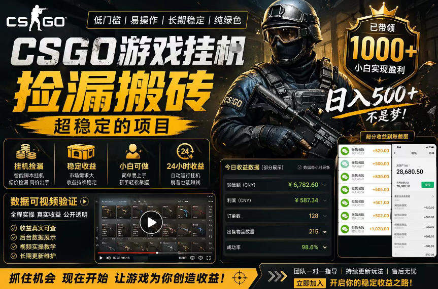 CSGO游戏搬砖，全自动挂G，不需要玩游戏，手机操作日入300+，解放双手【揭秘】-新时光资源网