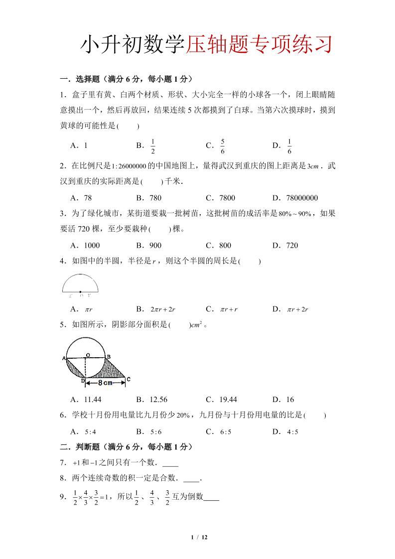 六年级下小升初数学压轴题专项练习-新时光资源网