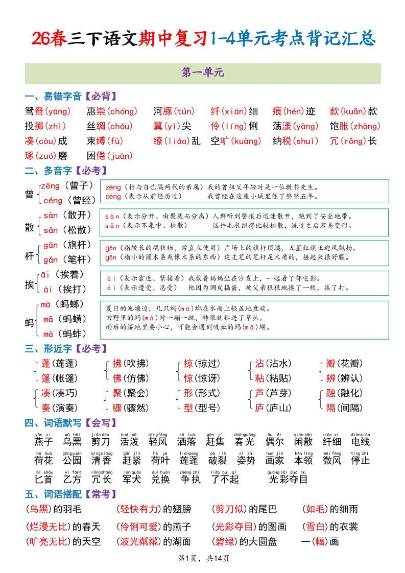 三年级下语文期中复习1-4单元考点背记汇总-新时光资源网