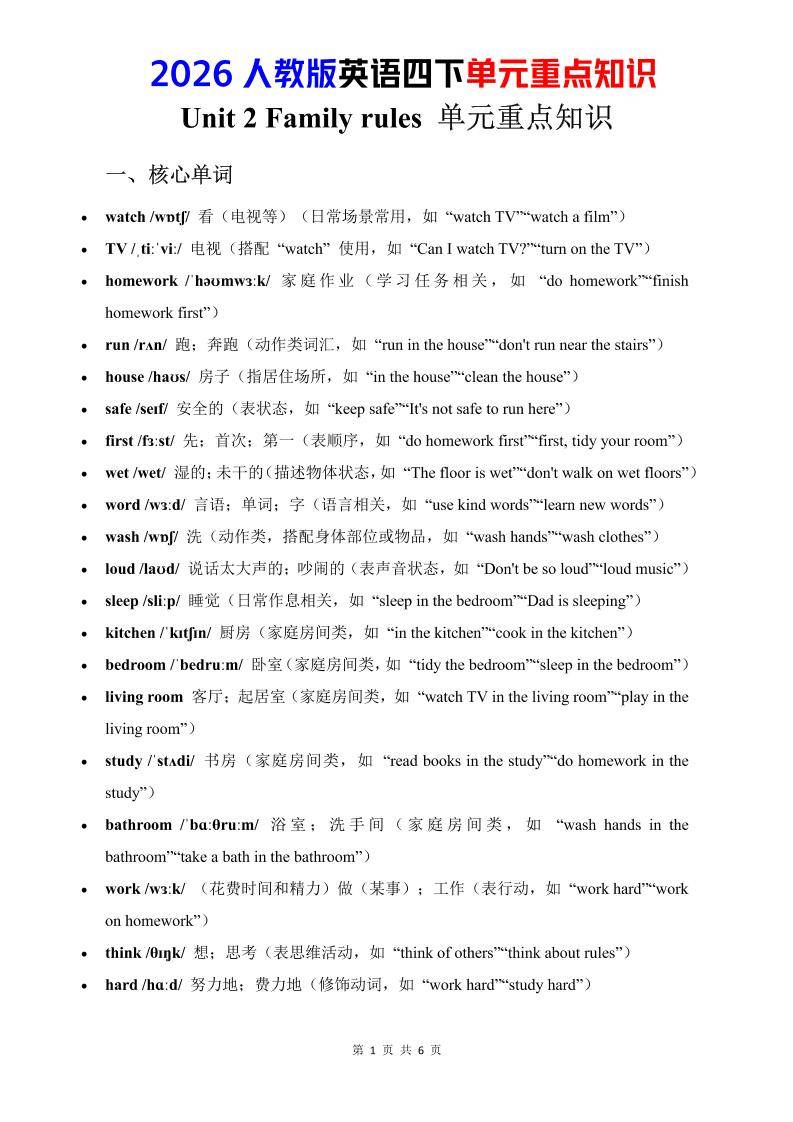 四年级下英语Unit2重点知识汇总《人教版PEP》-新时光资源网
