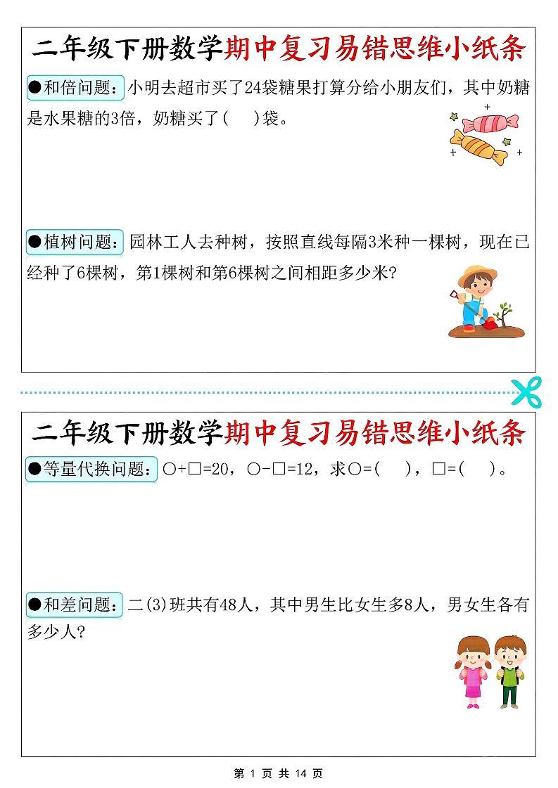 二年级下数学期中复习易错思维小纸条-新时光资源网