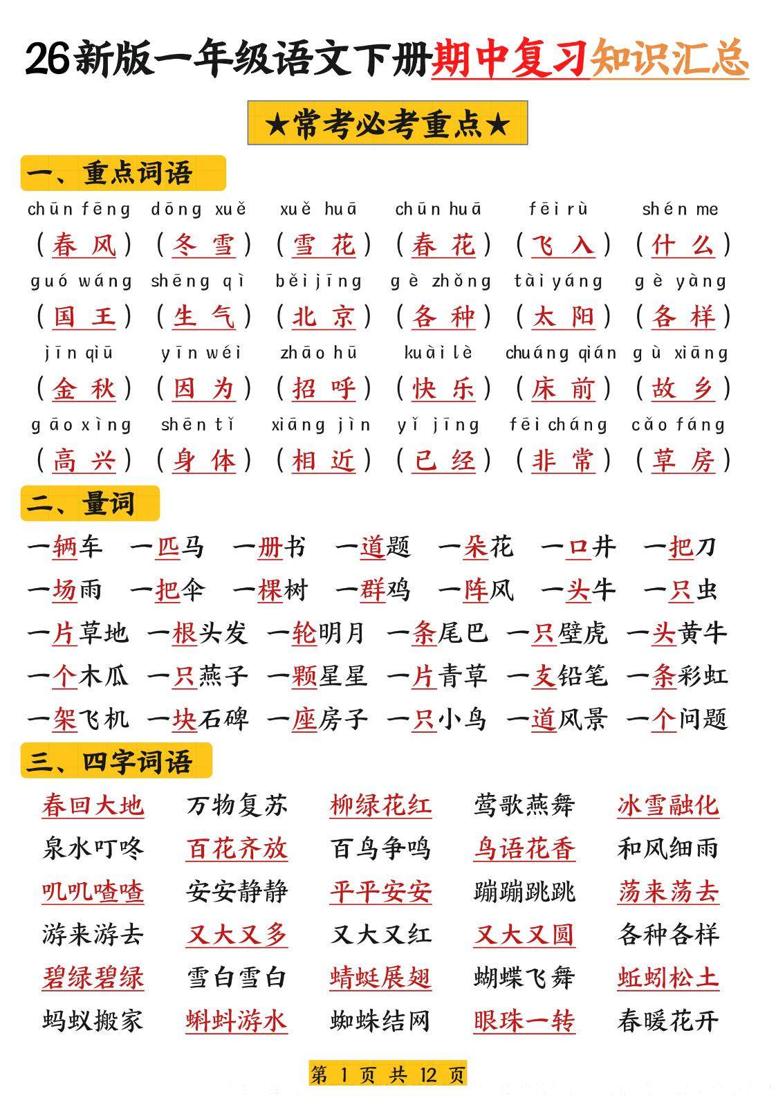 26新版一年级语文下册期中复习知识汇总-新时光资源网