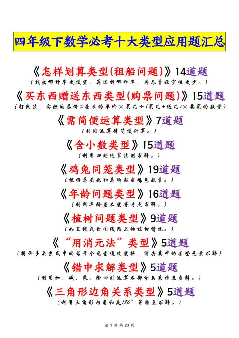 四年级下数学必考十大类型应用题汇总-新时光资源网