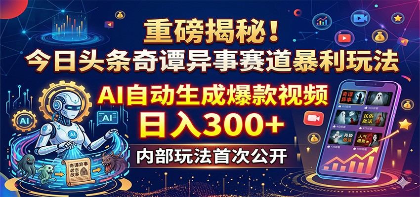 重磅揭秘！今日头条奇谭异事赛道暴利玩法：AI自动生成爆款视频，日入300+-新时光资源网