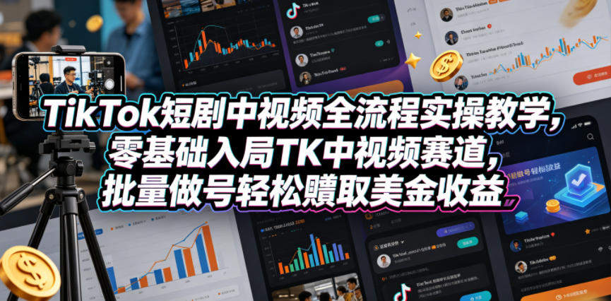 TikTok短剧中视频全流程实操教学,零基础入局TK中视频赛道,批量做号轻松賺取美金收益-新时光资源网