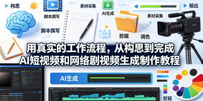 用真实的工作流程，从构思到完成AI短视频和网络剧视频生成制作教程-中英字幕-新时光资源网
