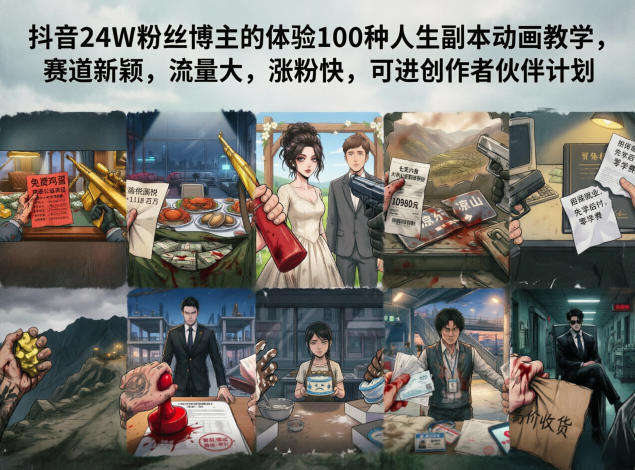 抖音24W粉丝博主的体验100种人生副本动画教学，赛道新颖，流量大，涨粉快，可进创作者伙伴计划-新时光资源网