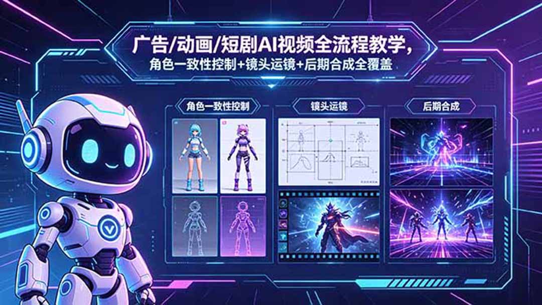 广告/动画/短剧AI视频全流程教学,角色一致性控制+镜头运镜+后期合成全覆盖-新时光资源网