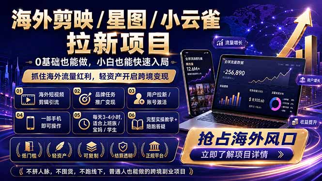 海外剪映 / 星图 / 小云雀拉新项目 普通人也能上手的跨境流量变现副业-新时光资源网