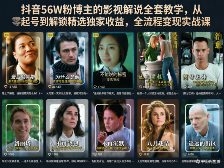 抖音56W粉博主的影视解说全套教学，从零起号到解锁精选独家收益，全流程变现实战课-新时光资源网