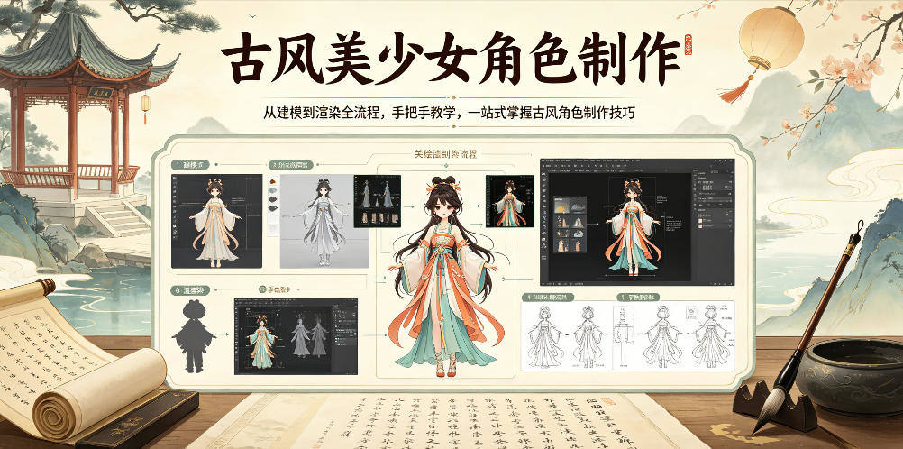 古风美少女角色制作，从建模到渲染全流程，手把手教学，一站式掌握古风角色制作技巧-新时光资源网