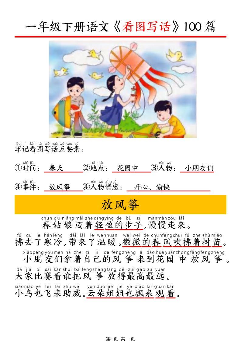一年级下语文看图写话五要素训练-新时光资源网