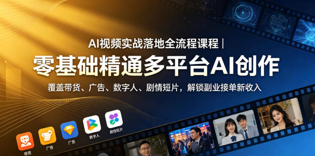 AI视频实战落地全流程课程｜零基础精通多平台AI创作，覆盖带货、广告、数字人、剧情短片，解锁副业接单新收入-新时光资源网