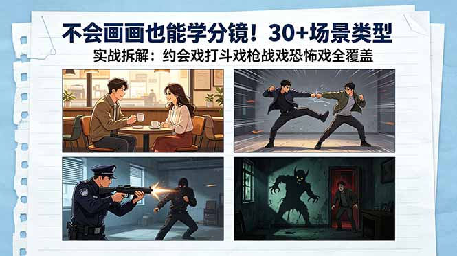 不会画画也能学分镜！30+场景类型实战拆解：约会戏打斗戏枪战戏恐怖戏全覆盖-新时光资源网