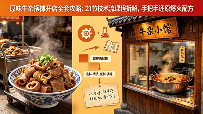原味牛杂摆摊开店全套攻略：21节技术流课程拆解，手把手还原爆火配方-新时光资源网
