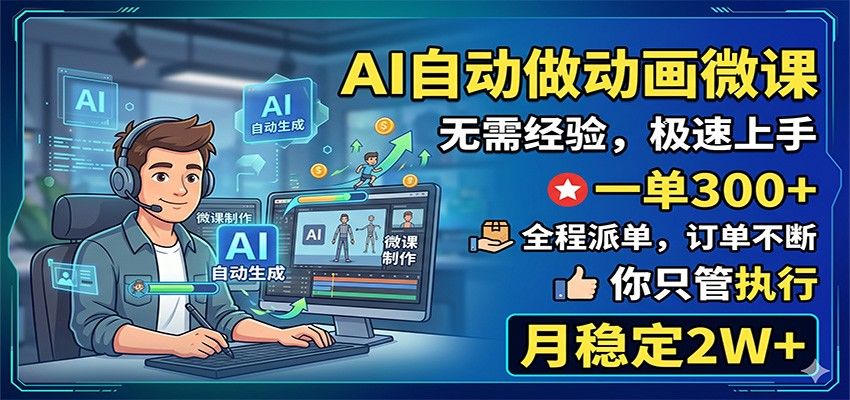 AI自动做动画微课，一单300+，全程派单，你只管执行，月稳定2W+-新时光资源网