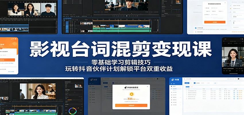 影视台词混剪变现课:零基础学习剪辑技巧,玩转抖音伙伴计划解锁平台双重收益-新时光资源网