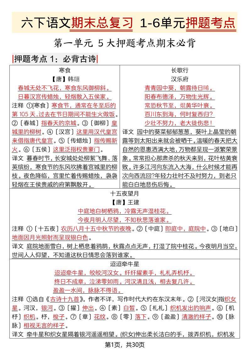 六年级下语文期末总复习1-6单元押题考点-新时光资源网