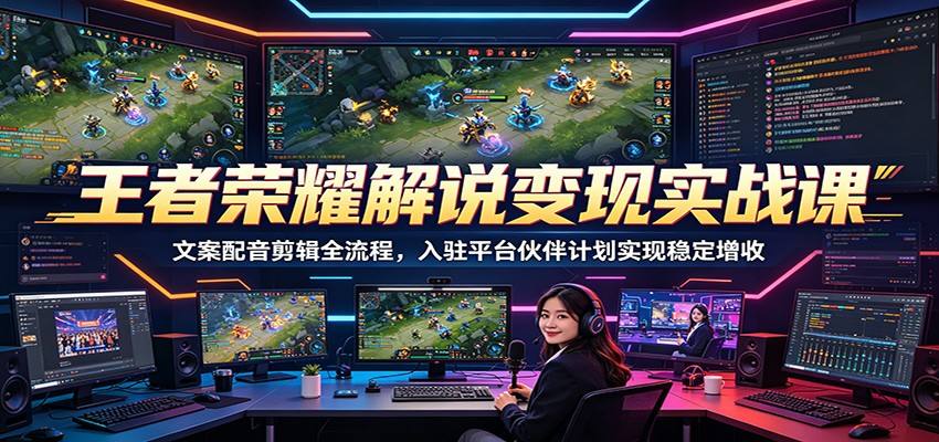 王者荣耀解说变现实战课：文案配音剪辑全流程，入驻平台伙伴计划实现稳定增收-新时光资源网