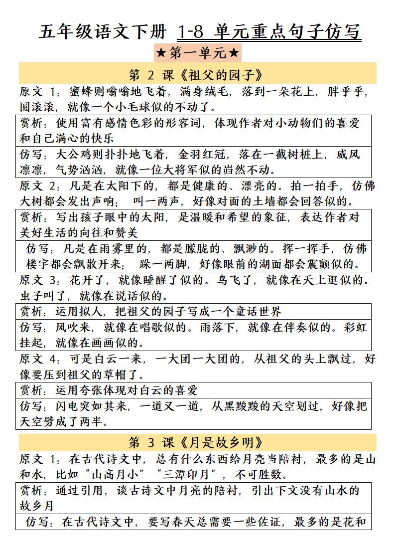 五年级下语文1-8单元重点句子仿写-新时光资源网