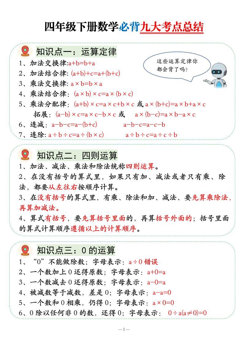 四年级下数学必背九大考点总结-新时光资源网