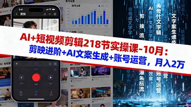 AI+短视频剪辑218节实操课-10月：剪映进阶+AI文案生成+账号运营，月入2万-新时光资源网