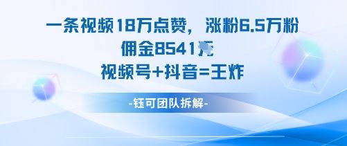 一条视频18W点赞，涨粉6.5W粉佣金8541米，视频号+抖音=王炸-新时光资源网