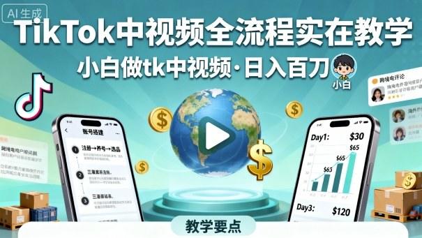 TikTok中视频全流程实操教学，小白做tk中视频，日入百刀-新时光资源网