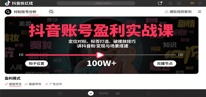抖音账号盈利实战课，定位对标、标签打造、破播放技巧，讲涨粉变现与场景搭建-新时光资源网