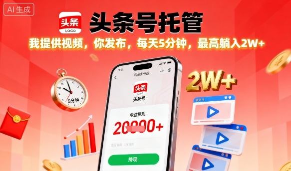 【头条号托管】我提供视频，你发布，每天5分钟，最高躺入2W+【揭秘】-新时光资源网
