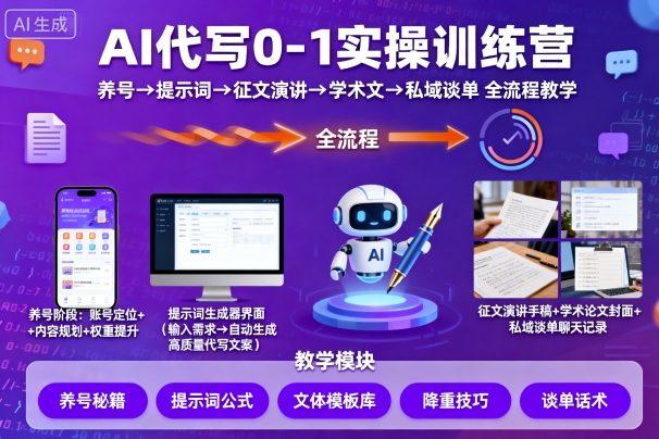 AI代写0-1实操训练营,从养号、提示词、征文演讲、学术文,到私域谈单的全流程教学-新时光资源网