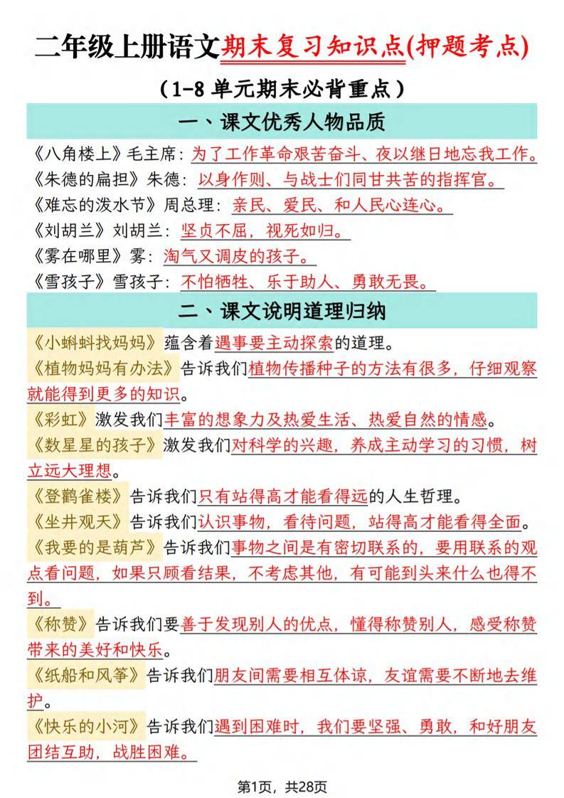 二年级上语文期末复习知识点(押题考点)-新时光资源网