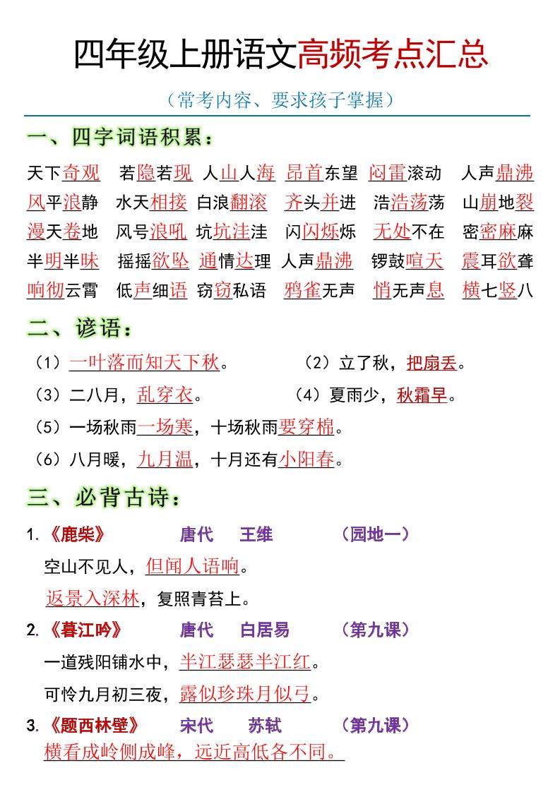 全册高频考点归类（节选）】四上语文-新时光资源网
