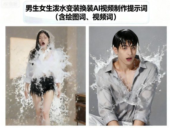 男生女生泼水变装换装AI视频制作提示词(含绘图词、视频词)-新时光资源网