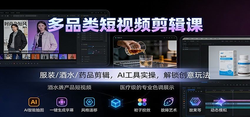 多品类短视频剪辑课：服装/酒水/药品剪辑，AI工具实操，解锁创意玩法-新时光资源网